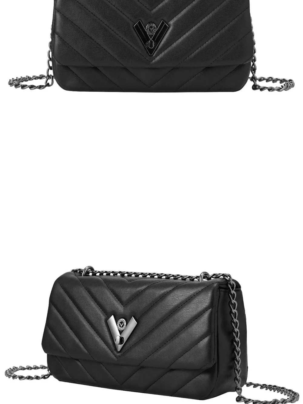 NWT Valentino Orlandi Capricorn Crossbody Bag, Black w/ Gunmetal Quilted Chevron - Picture 3 of 3